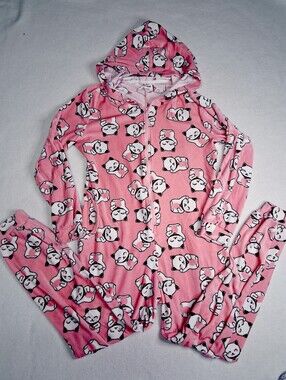 Girls' Pink Hooded Onesie Pajamas with Cat Print